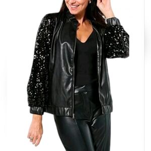 Colleen Lopez Sequin Sleeve Faux Leather Bomber Jacket Coat Small Black